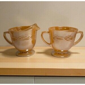 Vintage Fire King Peach Luster Laurel Leaf Design Sugar And Creamer Set